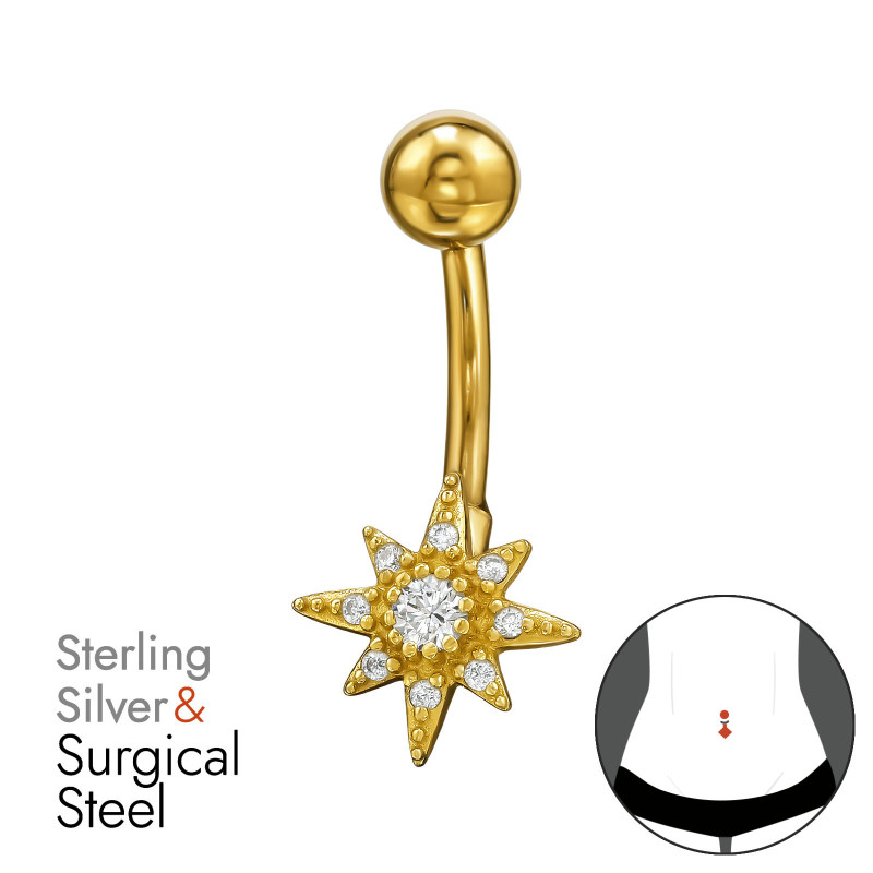 Sarkcsillag, aranyozott ezüst piercing, köldök piercing