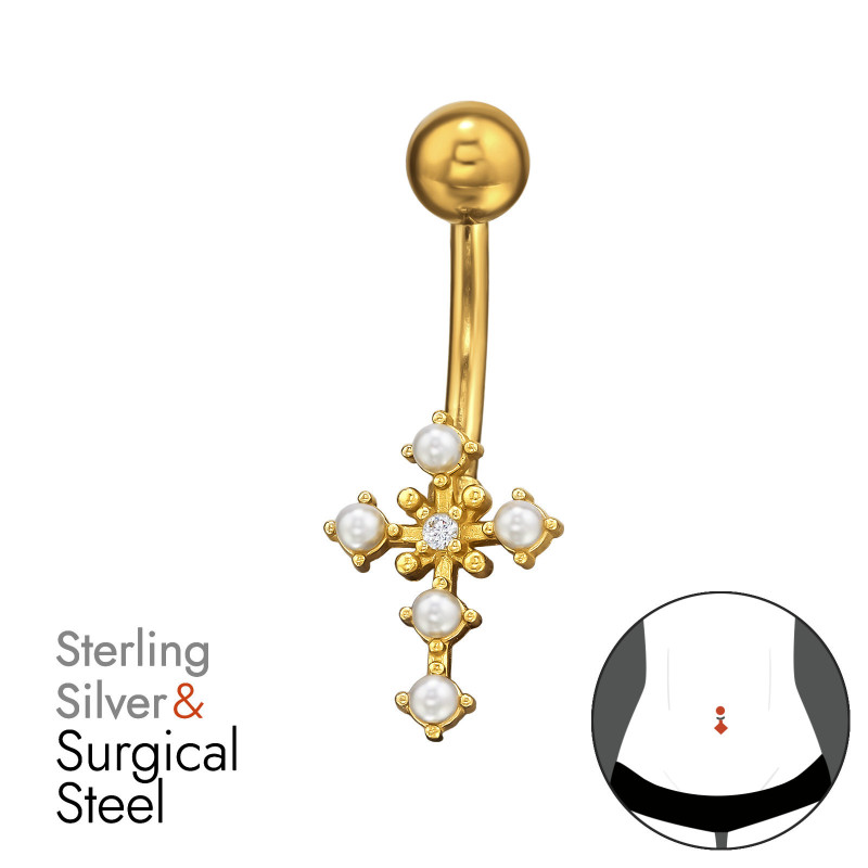 Kereszt Köldök piercing - ezüst + orvosi fém, arany színű