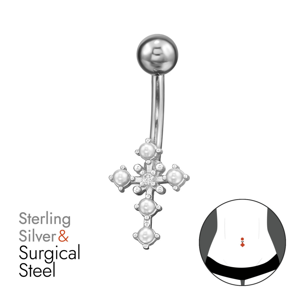 Kereszt Köldök piercing - ezüst + orvosi fém Kereszt Köldök piercing - ezüst + orvosi fém