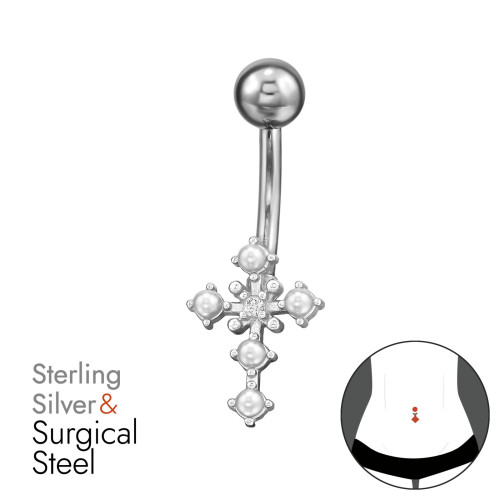 Kereszt Köldök piercing - ezüst + orvosi fém Kereszt Köldök piercing - ezüst + orvosi fém