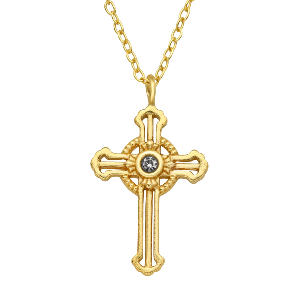 Kereszt kristály köves 24k aranyozott köves ezüst nyaklánc