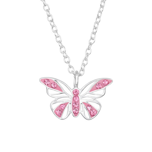 Pillangó kristály köves ezüst nyaklánc, pink