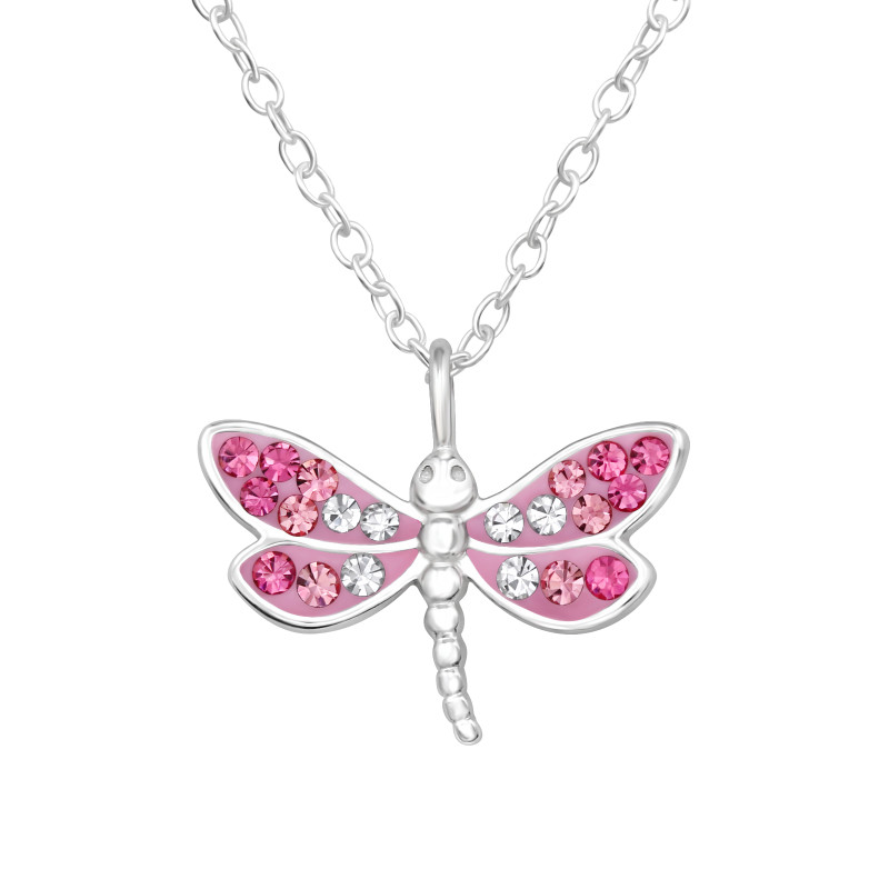 Kristály Szitakötő pink ezüst nyaklánc - 45 cm
